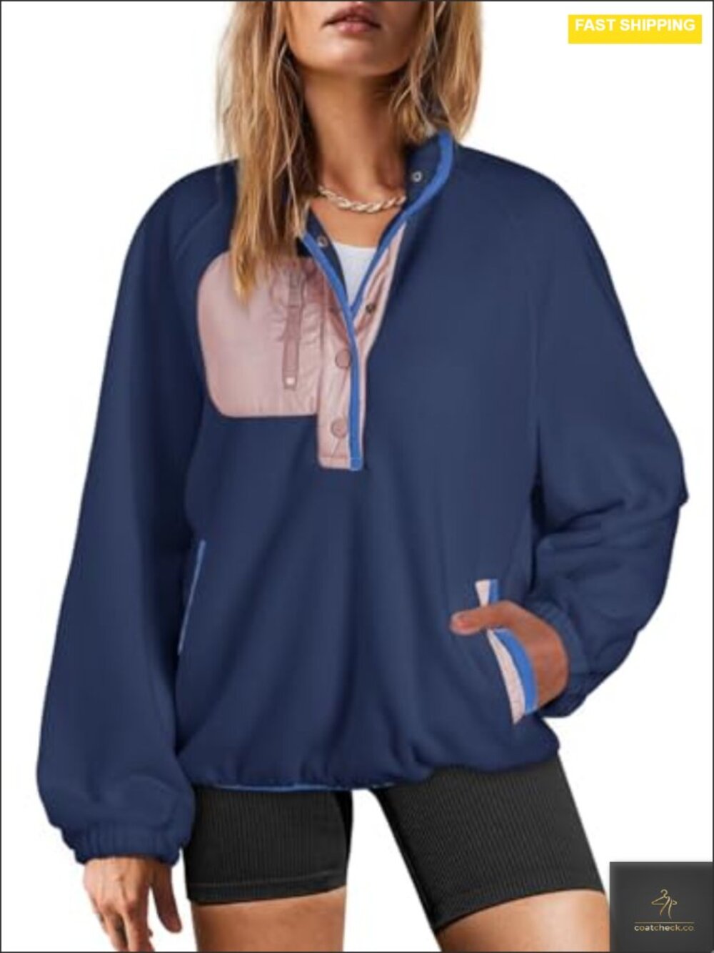 Dokotoo Women's Oversized Fuzzy Sherpa Fleece Color Block Button V-Neck